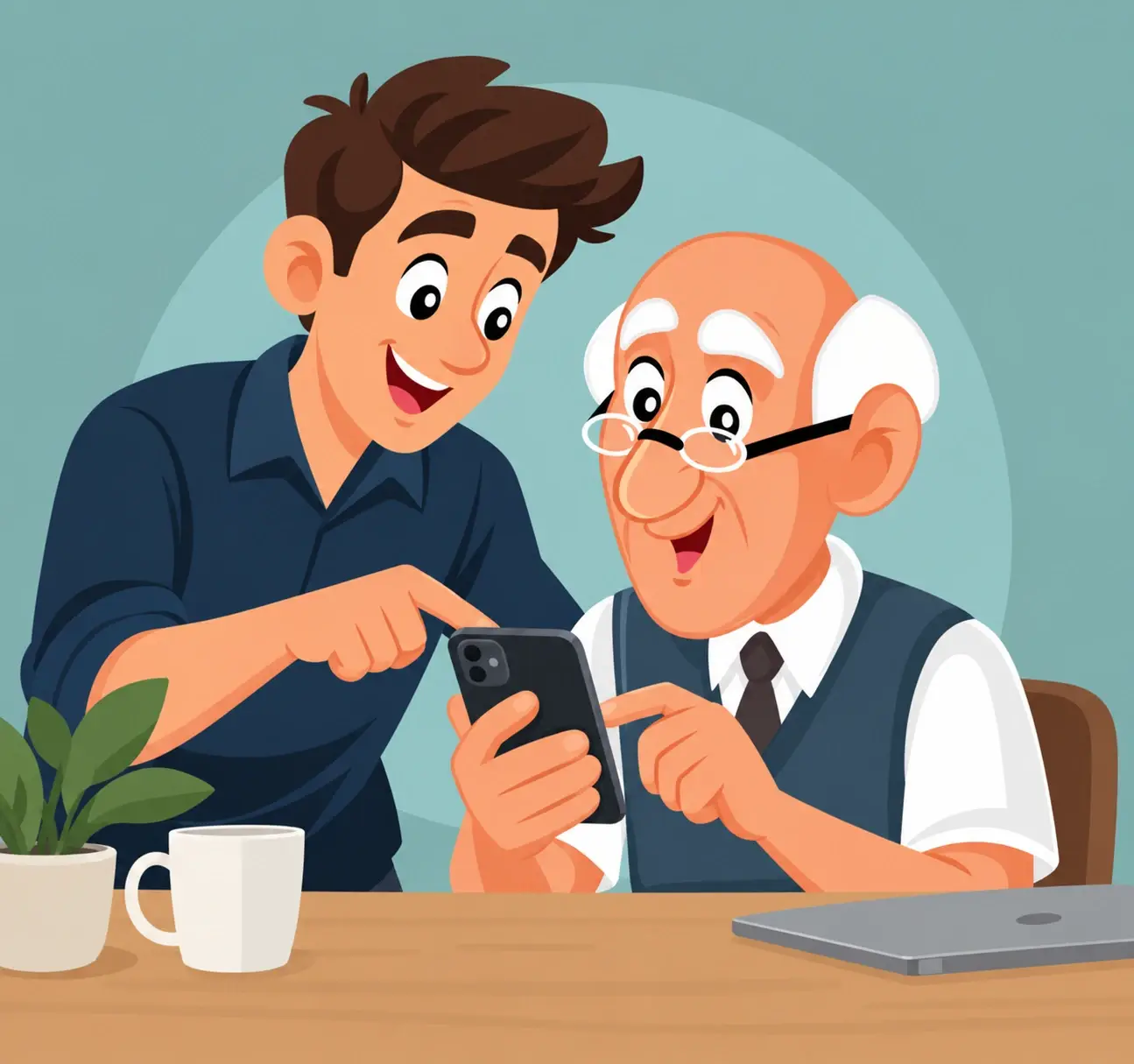 Illustration: Ein junger Mann zeigt einem älteren Herrn am Tisch, wie man das Smartphone bedient. Beide freuen sich.